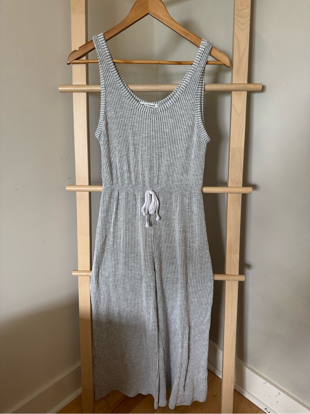 Caution To The Wind Ribbed Tank Jumpsuit — Gray & White